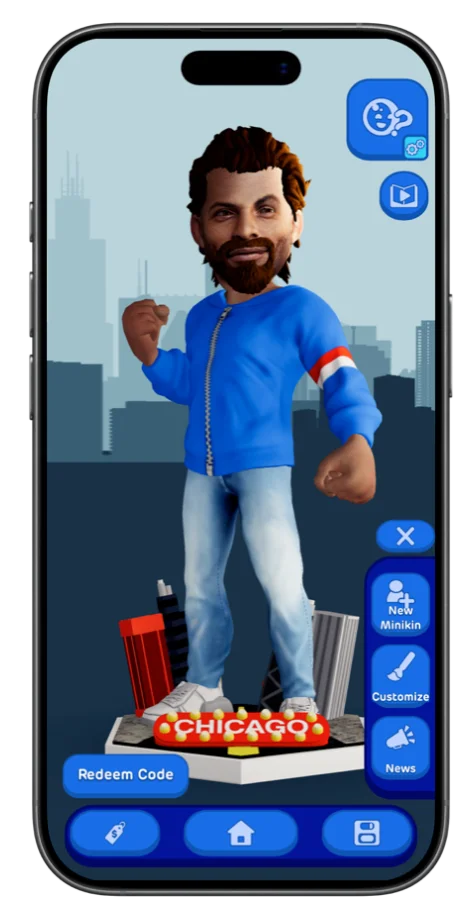 A finished Minikin in the app, standing on a Chicago-themed base