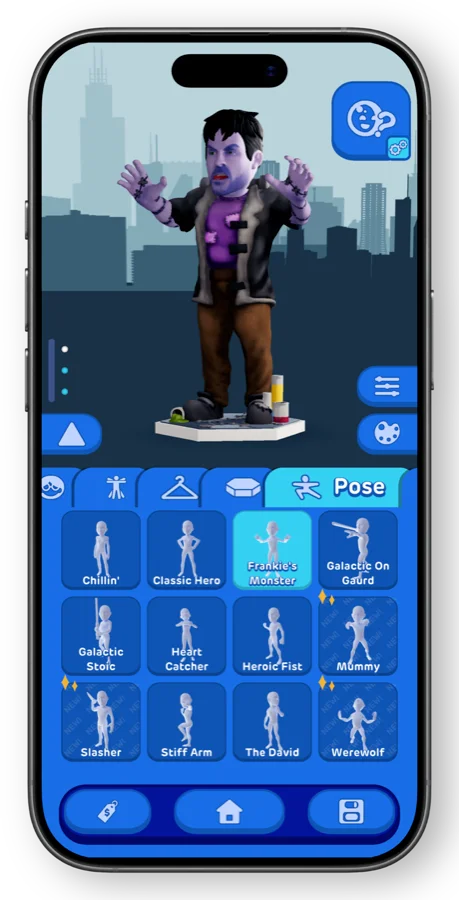 Minikin app screen for picking a pose, with a customized Minikin standing on its base